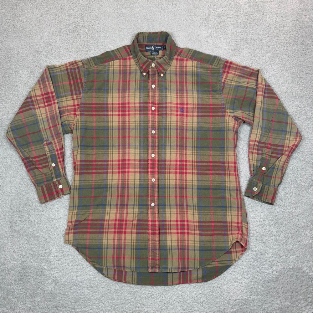 Vintage Polo Ralph Lauren Blaire Mens Large Plaid Button Down Shirt Olive Green